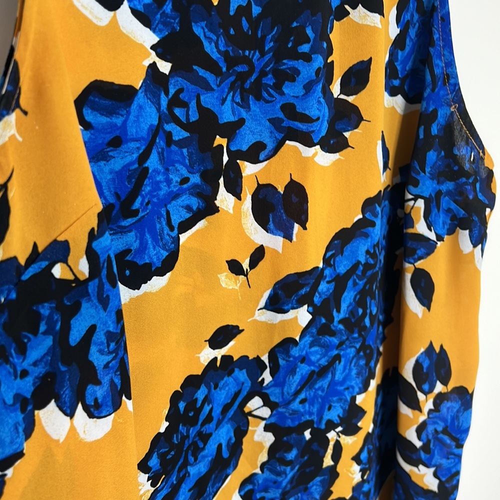 🕶️Blue Yellow Floral Silky Tank Top Back Buttons XL - Picture 6 of 7